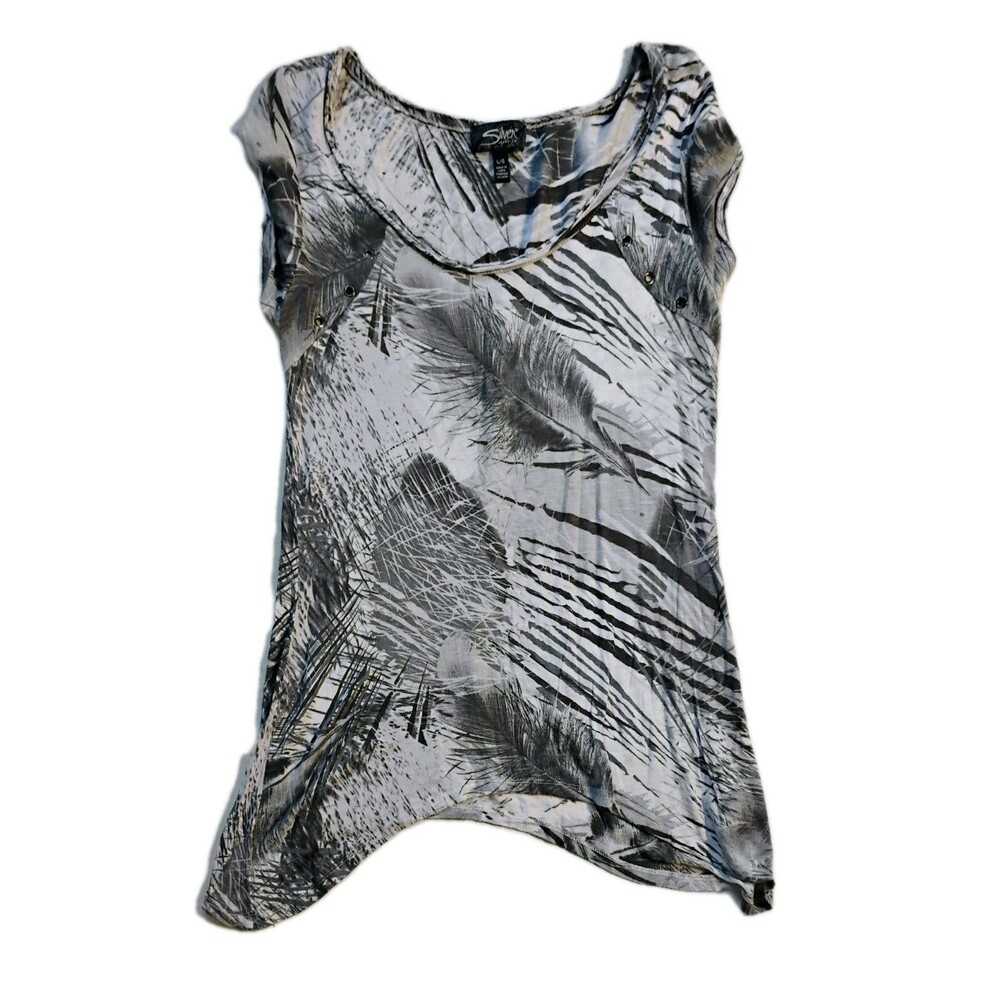 Silver Jeans‎ Co. Women's L Feather Print Blouse Top Abstract Black Gray White
